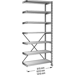 Inhaakstelling, verzinkt, 7 legborden, hoogte 2640 mm, legbordbreedte 800 mm, diepte 500 mm, aanbouwstelling