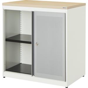 mauser Schuifdeurkast, akoestisch effect, kunststof blad, h x b x d = 830 x 800 x 432 mm, 1 legbord, zuiver wit / blank aluminiumkleurig / ahornhoutdecor