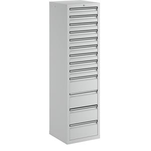 Ladekast, h x b x d = 1800 x 500 x 500 mm, 9 laden 100 mm, 4 laden 200 mm hoog, kastframe en laden grijs
