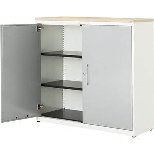 mauser Vleugeldeurkast, h x b = 1180 x 1200 mm, kunststof blad, 2 legborden, zuiver wit / blank aluminiumkleurig / ahornhoutdecor