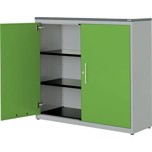 mauser Vleugeldeurkast, h x b = 1180 x 1200 mm, kunststof blad, 2 legborden, blank aluminiumkleurig / geelgroen / wit