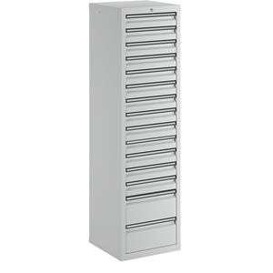 Ladekast, h x b x d = 1800 x 500 x 500 mm, 13 laden 100 mm, 2 laden 200 mm hoog, kastframe en laden grijs