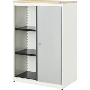 mauser Schuifdeurkast, h x b x d = 1180 x 800 x 432 mm, kunststof blad, 2 legborden, zuiver wit / blank aluminiumkleurig / ahornhoutdecor