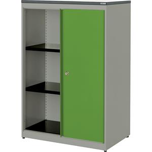 mauser Schuifdeurkast, h x b x d = 1180 x 800 x 432 mm, kunststof blad, 2 legborden, blank aluminiumkleurig / geelgroen / wit