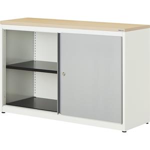 mauser Schuifdeurkast, h x b x d = 830 x 1200 x 432 mm, kunststof blad, 1 legbord, zuiver wit / blank aluminiumkleurig / ahornhoutdecor
