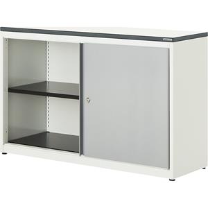 mauser Schuifdeurkast, h x b x d = 830 x 1200 x 432 mm, kunststof blad, 1 legbord, zuiver wit / blank aluminiumkleurig / wit