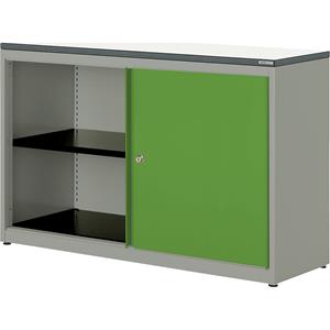 mauser Schuifdeurkast, h x b x d = 830 x 1200 x 432 mm, kunststof blad, 1 legbord, blank aluminiumkleurig / geelgroen / wit