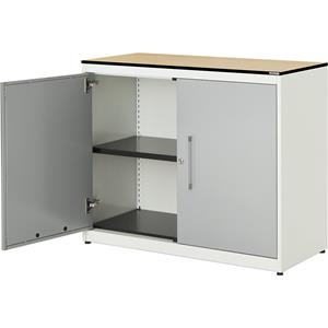mauser Vleugeldeurkast, h x b = 818 x 1000 mm, blad van HPL met massieve kern, 1 legbord, zuiver wit / blank aluminiumkleurig / ahornhoutdecor