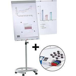 Flipchart-Set inkl. Zubehör höhenverstellbar, 1700 – 2000 mm mit stabilem Rundfuß Ø 640 mm, 5 Lenkrollen