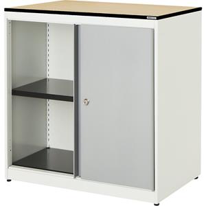 mauser Schuifdeurkast, h x b x d = 818 x 800 x 432 mm, blad met massieve kern, 1 legbord, zuiver wit / blank aluminiumkleurig / ahornhoutdecor