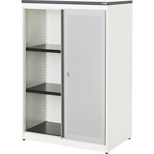 mauser Schuifdeurkast, akoestisch effect, kunststof blad, h x b x d = 1180 x 800 x 432 mm, 2 legborden, zuiver wit / blank aluminiumkleurig / wit