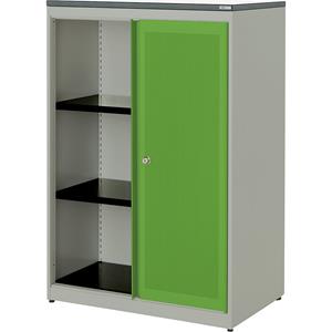 mauser Schuifdeurkast, akoestisch effect, kunststof blad, h x b x d = 1180 x 800 x 432 mm, 2 legborden, blank aluminiumkleurig / geelgroen / wit