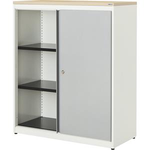 mauser Schuifdeurkast, h x b x d = 1180 x 1000 x 432 mm, kunststof blad, 2 legborden, zuiver wit / blank aluminiumkleurig / ahornhoutdecor