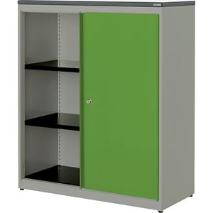 mauser Schuifdeurkast, h x b x d = 1180 x 1000 x 432 mm, kunststof blad, 2 legborden, blank aluminiumkleurig / geelgroen / wit