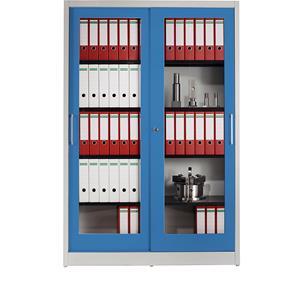 mauser Schuifdeurkast, met venster, 4 legborden, h x b x d = 1965 x 1200 x 420 mm, lichtgrijs / lichtblauw