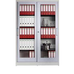 mauser Schuifdeurkast, met venster, 4 legborden, h x b x d = 1965 x 1200 x 420 mm, lichtgrijs / blank aluminiumkleurig