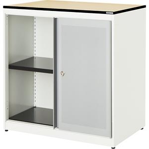 mauser Schuifdeurkast, akoestisch effect, blad met massieve kern, h x b x d = 818 x 800 x 432 mm, 1 legbord, zuiver wit / blank aluminiumkleurig / ahornhoutdecor