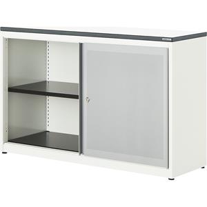 mauser Schuifdeurkast, akoestisch effect, kunststof blad, h x b x d = 830 x 1200 x 432 mm, 1 legbord, zuiver wit / blank aluminiumkleurig / wit