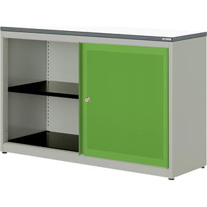 mauser Schuifdeurkast, akoestisch effect, kunststof blad, h x b x d = 830 x 1200 x 432 mm, 1 legbord, blank aluminiumkleurig / geelgroen / wit