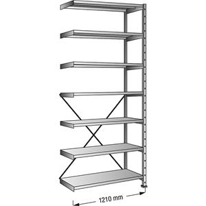 Inhaakstelling, verzinkt, 7 legborden, hoogte 2640 mm, legbordbreedte 1200 mm, diepte 200 mm, aanbouwstelling