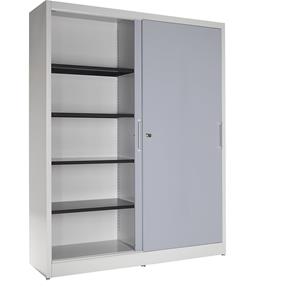 mauser Schuifdeurkast, met 8 legborden, tussenwand, h x b x d = 1965 x 1600 x 420 mm, lichtgrijs / blank aluminiumkleurig