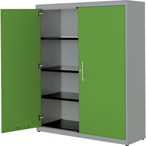 mauser Vleugeldeurkast, h x b = 1516 x 1200 mm, stalen blad, 3 legborden, blank aluminiumkleurig / geelgroen / blank aluminiumkleurig