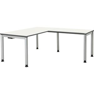 mauser Schrijftafel, aaneengeschakeld, voetvorm in ronde buis, h x b x d = 680 - 760 x 1600 x 800 mm, hoekaanzet rechts, blad wit, onderstel aluminiumkleurig