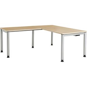 mauser Schrijftafel, aaneengeschakeld, voetvorm in ronde buis, h x b x d = 680 - 760 x 1600 x 800 mm, hoekaanzet links, blad ahornhoutdecor, onderstel aluminiumkleurig
