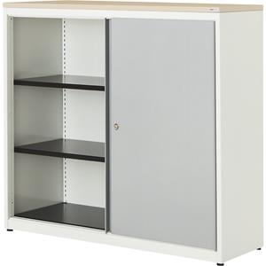 mauser Schuifdeurkast, h x b x d = 1180 x 1200 x 432 mm, kunststof blad, 2 legborden, zuiver wit / blank aluminiumkleurig / ahornhoutdecor