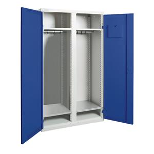Garderobenschrank 1 Mitteltrennwand, 4 Fachböden lichtgrau / enzianblau