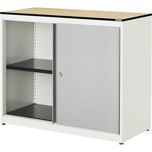 mauser Schuifdeurkast, h x b x d = 818 x 1000 x 432 mm, blad met massieve kern, 1 legbord, zuiver wit / blank aluminiumkleurig / ahornhoutdecor