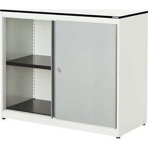 mauser Schuifdeurkast, h x b x d = 818 x 1000 x 432 mm, blad met massieve kern, 1 legbord, zuiver wit / blank aluminiumkleurig / wit