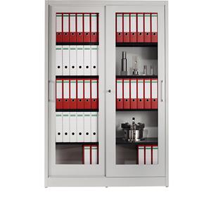 mauser Schuifdeurkast, met venster, 4 legborden, h x b x d = 1965 x 1200 x 500 mm, lichtgrijs