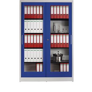 mauser Schuifdeurkast, met venster, 4 legborden, h x b x d = 1965 x 1200 x 500 mm, lichtgrijs / ultramarijnblauw