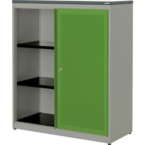 mauser Schuifdeurkast, akoestisch effect, kunststof blad, h x b x d = 1180 x 1000 x 432 mm, 2 legborden, blank aluminiumkleurig / geelgroen / wit