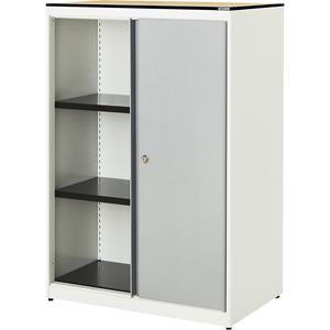 mauser Schuifdeurkast, h x b x d = 1168 x 800 x 432 mm, blad met massieve kern, 2 legborden, zuiver wit / blank aluminiumkleurig / ahornhoutdecor