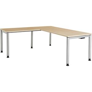 mauser Schrijftafel, aaneengeschakeld, voetvorm in ronde buis, h x b x d = 680 - 760 x 1800 x 800 mm, hoekaanzet links, blad ahornhoutdecor, onderstel aluminiumkleurig