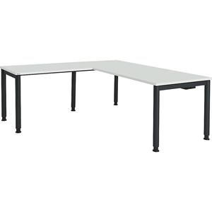 mauser Schrijftafel, aaneengeschakeld, voetvorm in ronde buis, h x b x d = 680 - 760 x 1800 x 800 mm, hoekaanzet links, blad lichtgrijs, onderstel antracietgrijs