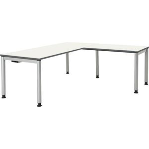 mauser Schrijftafel, aaneengeschakeld, voetvorm in ronde buis, h x b x d = 680 - 760 x 1800 x 800 mm, hoekaanzet rechts, blad wit, onderstel aluminiumkleurig