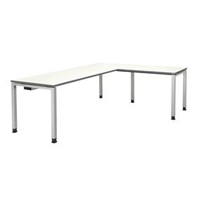 mauser Bureautafel, aaneengeschakeld, voet van vierkante / rechthoekige buis, h x b x d = 680 - 760 x 2000 x 800 mm, hoekaanzet rechts (breedte 1000 mm), blad wit, onderstel aluminiumkleurig