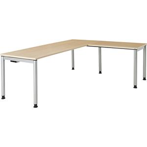 mauser Schrijftafel, aaneengeschakeld, voetvorm in ronde buis, h x b x d = 680 - 760 x 2000 x 800 mm, hoekaanzet rechts, blad ahornhoutdecor, onderstel aluminiumkleurig
