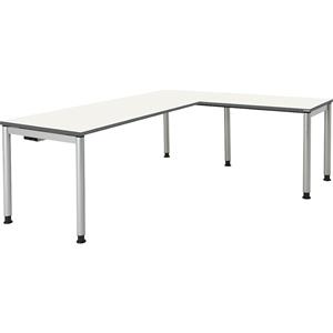 mauser Schrijftafel, aaneengeschakeld, voetvorm in ronde buis, h x b x d = 680 - 760 x 2000 x 800 mm, hoekaanzet rechts, blad wit, onderstel aluminiumkleurig