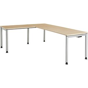 mauser Schrijftafel, aaneengeschakeld, voetvorm in ronde buis, h x b x d = 680 - 760 x 2000 x 800 mm, hoekaanzet links, blad ahornhoutdecor, onderstel aluminiumkleurig