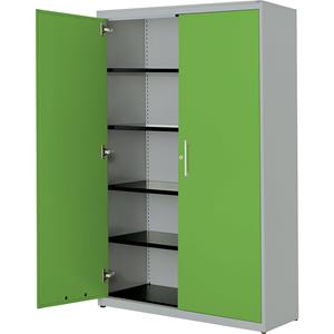 mauser Vleugeldeurkast, h x b = 1956 x 1200 mm, stalen blad, 4 legborden, blank aluminiumkleurig / geelgroen / blank aluminiumkleurig