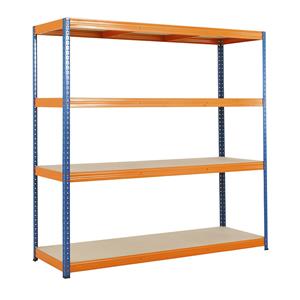 Steckregal, blau / orange Feldlast 1200 kg HxBxT 1780 x 1800 x 600 mm, 4 Spanplattenböden
