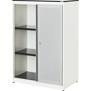 mauser Schuifdeurkast, akoestisch effect, blad met massieve kern, h x b x d = 1168 x 800 x 432 mm, 2 legborden, zuiver wit / blank aluminiumkleurig / wit