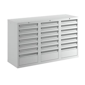 Ladekast, h x b x d = 900 x 1500 x 500 mm, 18 laden 100 mm, 3 laden 200 mm hoog, kastframe en laden grijs