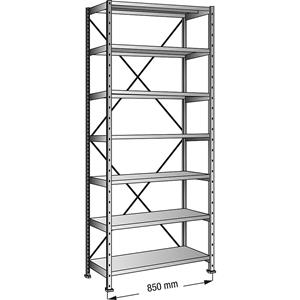 Inhaakstelling, verzinkt, 7 legborden, hoogte 3000 mm, legbordbreedte 800 mm, diepte 400 mm, basisstelling