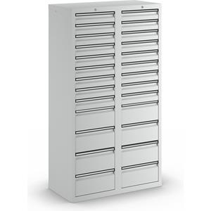Ladekast, h x b x d = 1800 x 1000 x 500 mm, 18 laden 100 mm, 8 laden 200 mm hoog, kastframe en laden grijs