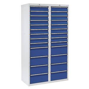 Ladekast, h x b x d = 1800 x 1000 x 500 mm, 18 laden 100 mm, 8 laden 200 mm hoog, kastframe grijs, laden gentiaanblauw